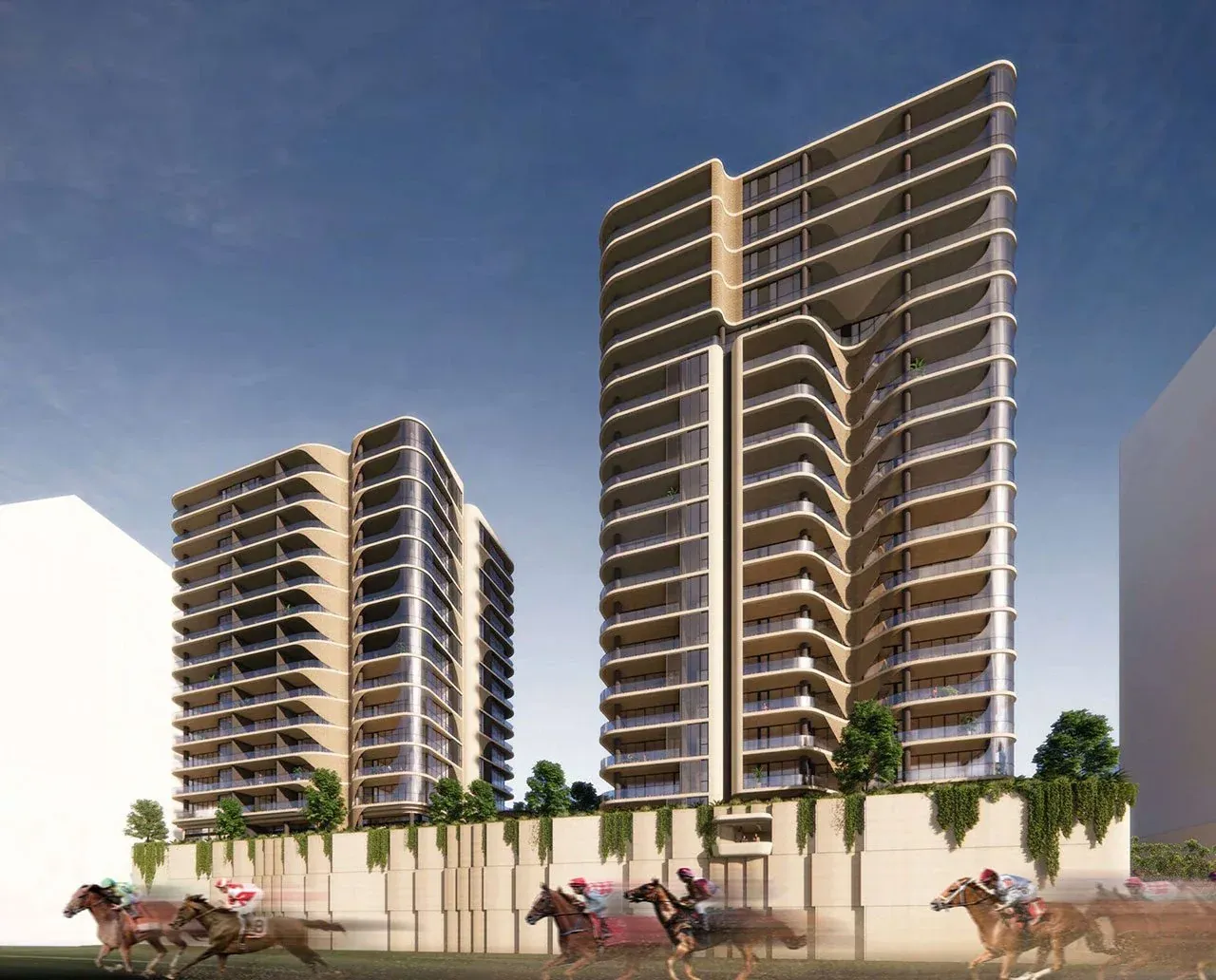 Render of Burswood Point Towers 3 and 4 overlooking the racecourse